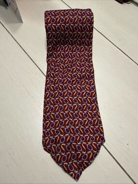 Brooks Burgundy Silk Tie with Yellow and Blue Loop Motif